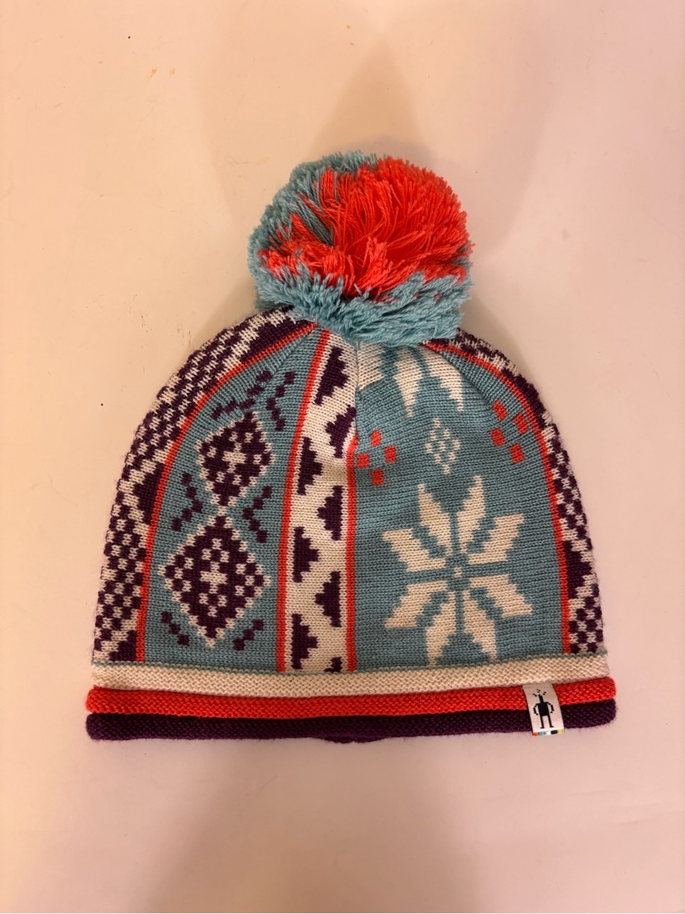 Smartwool 100% Wool Snowflake Print Pom Beanie in Aqua, Coral & Purple